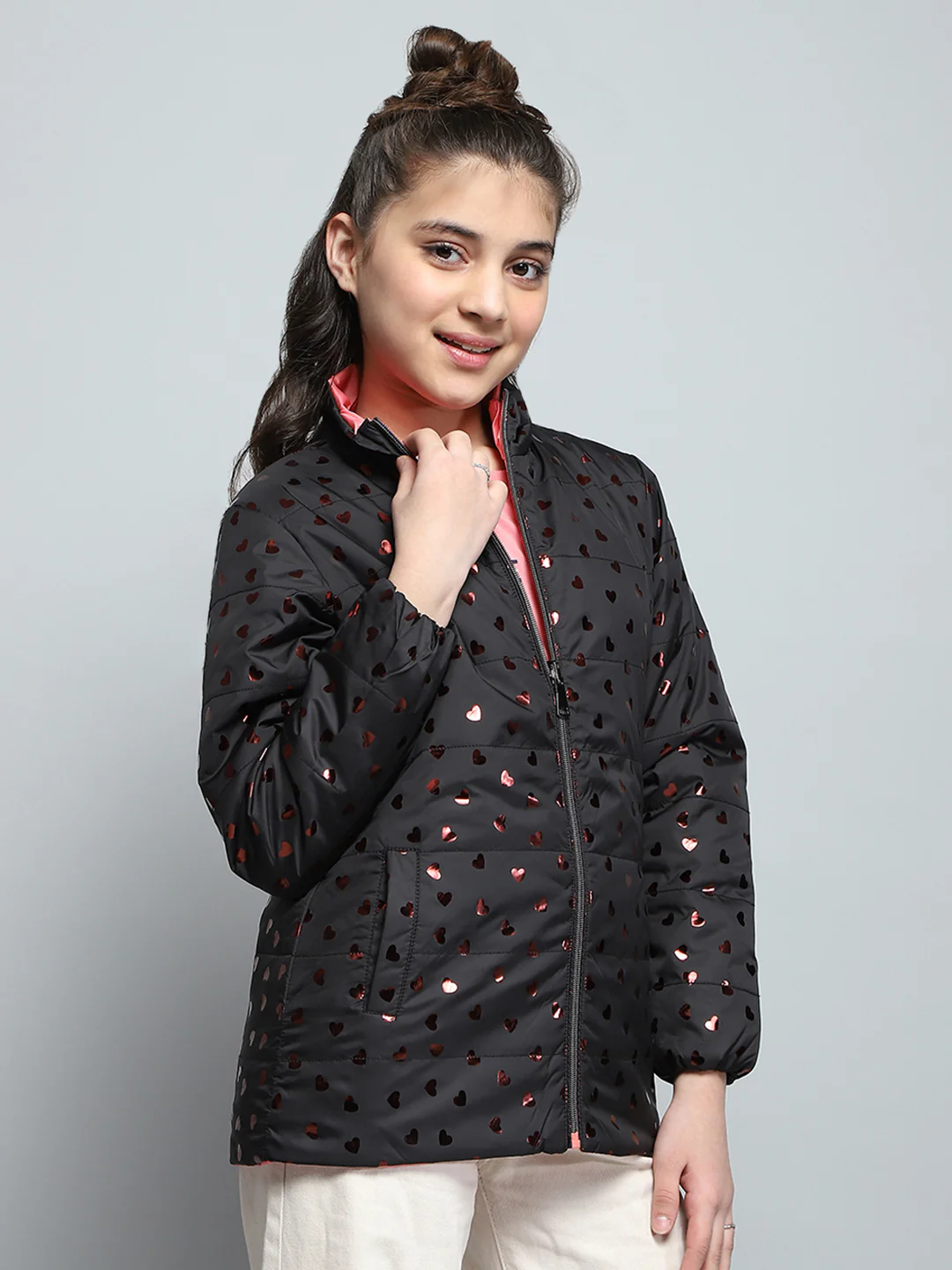 Girls Black Printed Mock Neck Full Sleeve Reversible Jacket - Image 4
