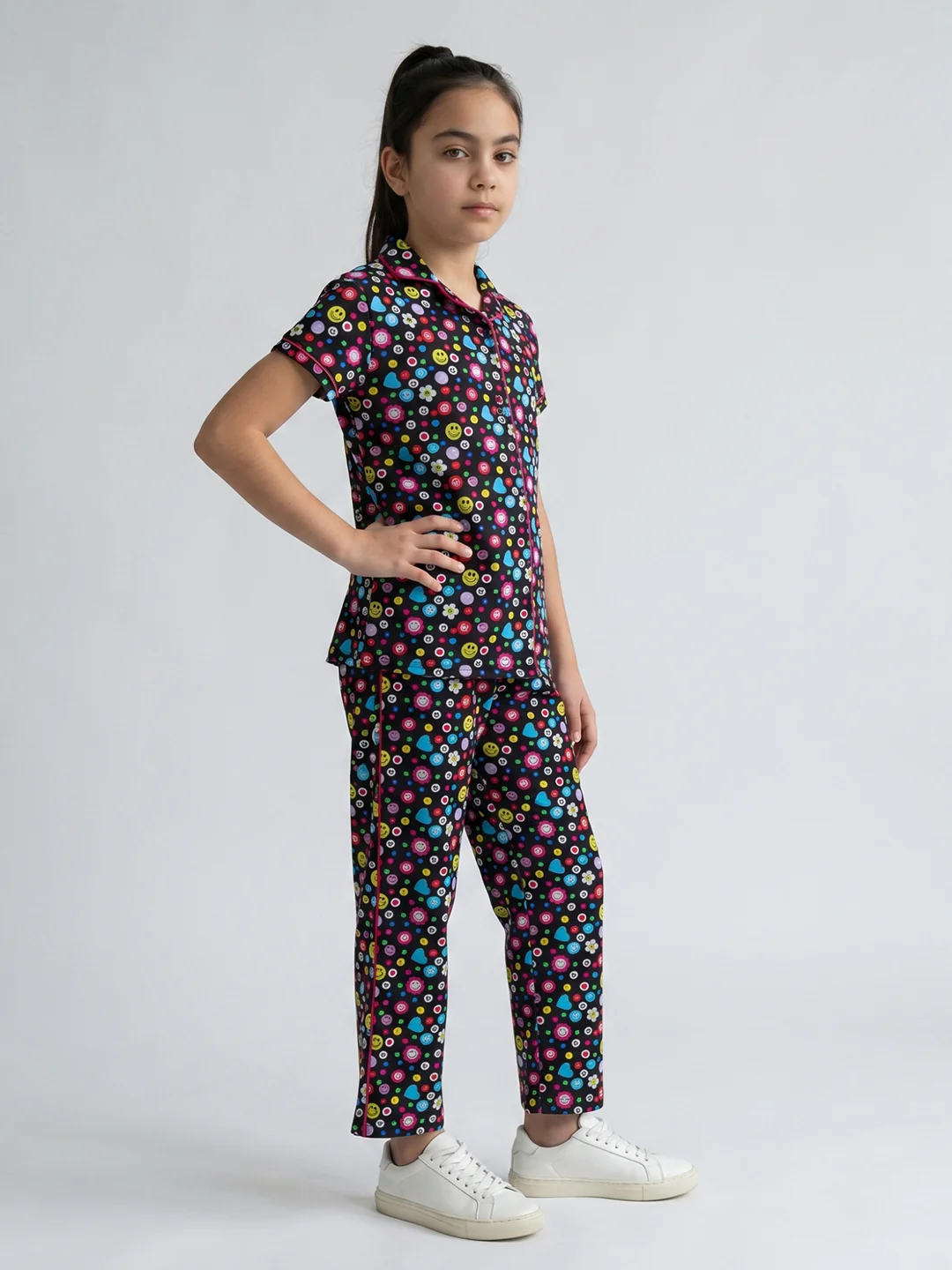 Girls Black Printed Round Neck Half Sleeve Cords Set - Image 2