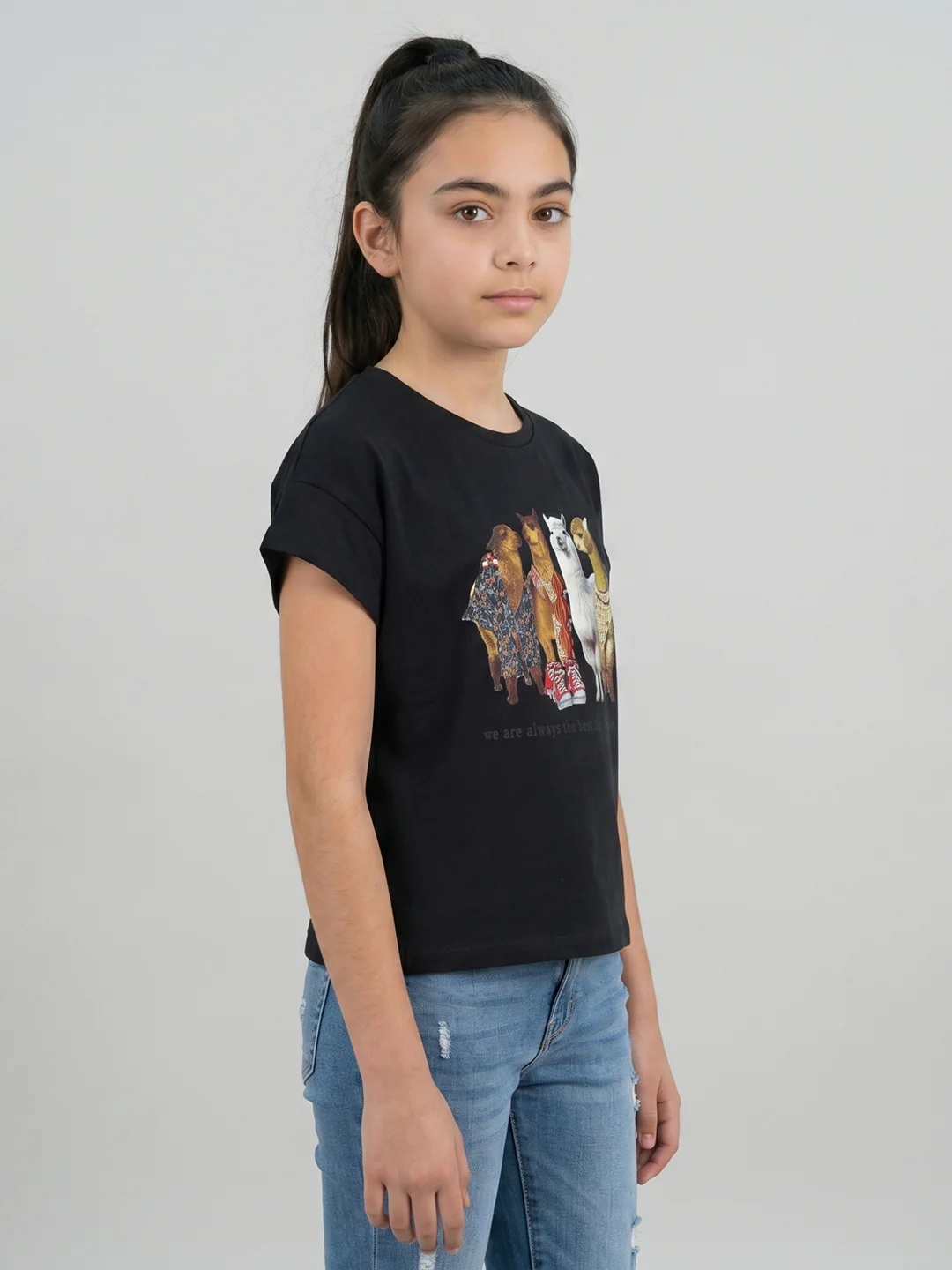 Girls Black Printed Round Neck Half Sleeve Top - Image 3