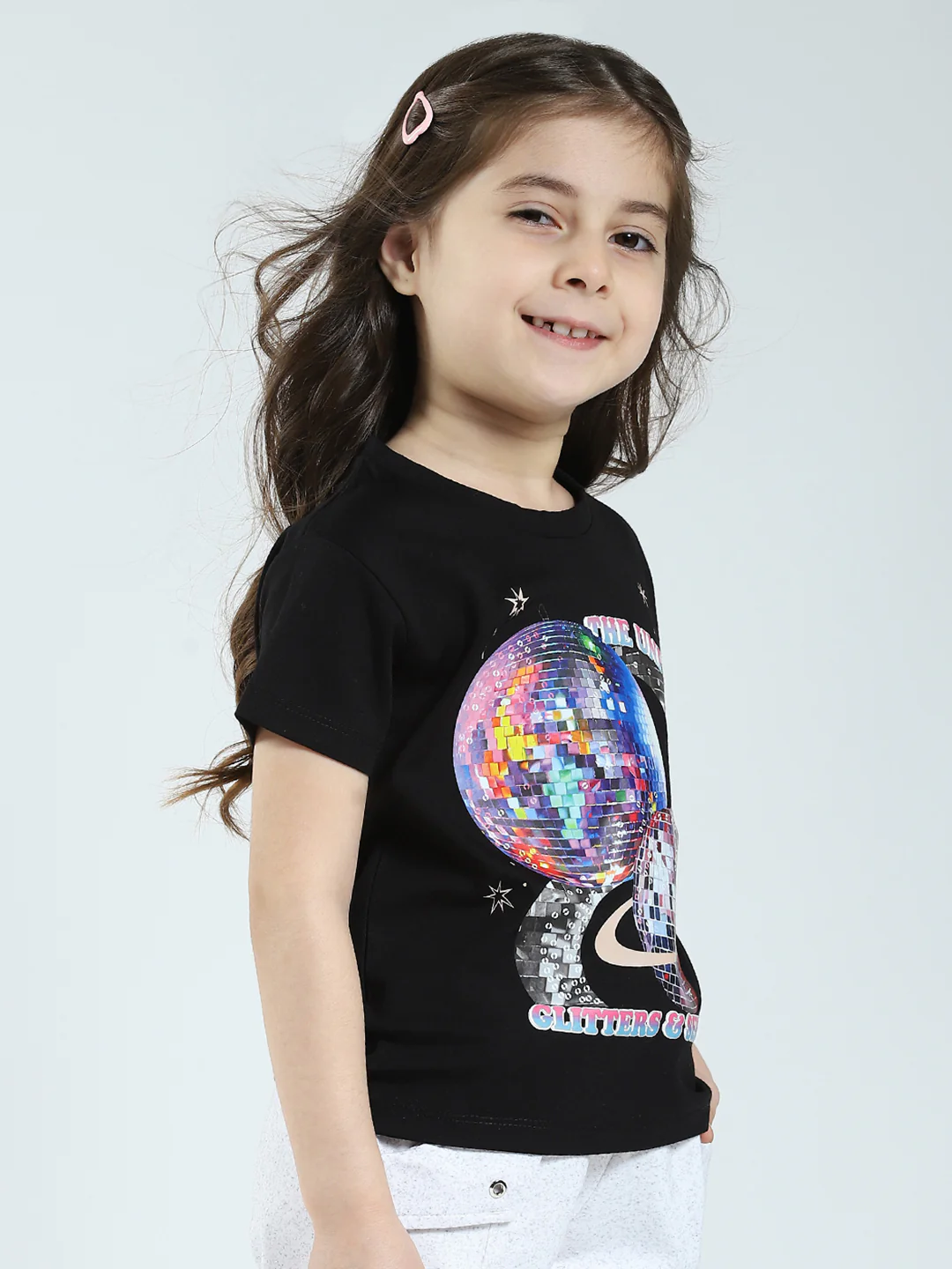 Girls Black Printed Round Neck Half Sleeve Top - Image 4