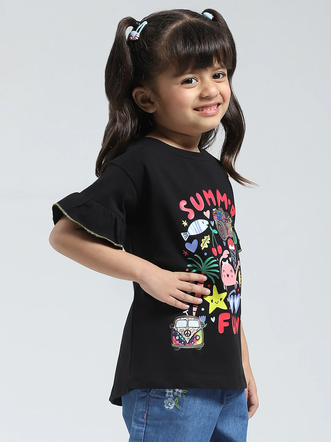 Girls Black Printed Round Neck Half Sleeve Top - Image 4