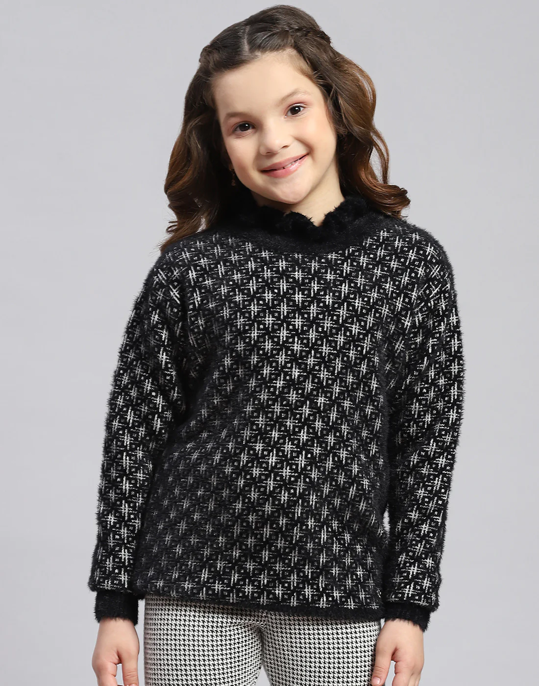 Girls Black Self Design F Neck Full Sleeve Sweater - Image 2