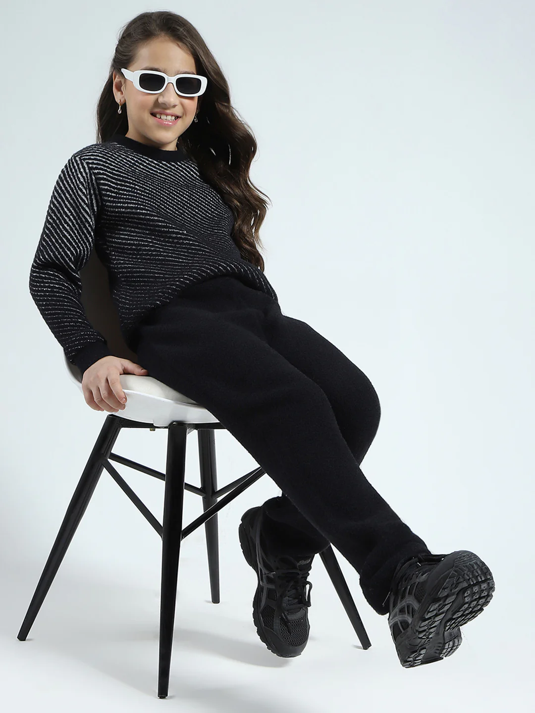Girls Black Self Design Round Neck Full Sleeve Cords Set - Image 2