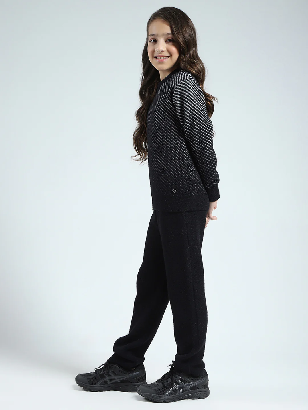 Girls Black Self Design Round Neck Full Sleeve Cords Set - Image 3