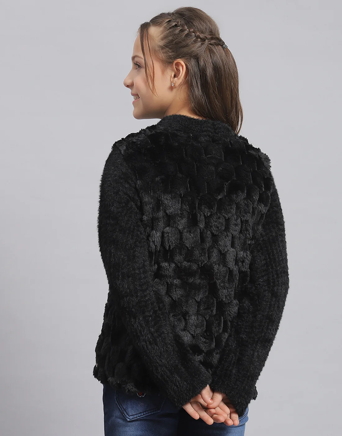 Girls Black Self Design Round Neck Full Sleeve Sweatshirt - Image 5
