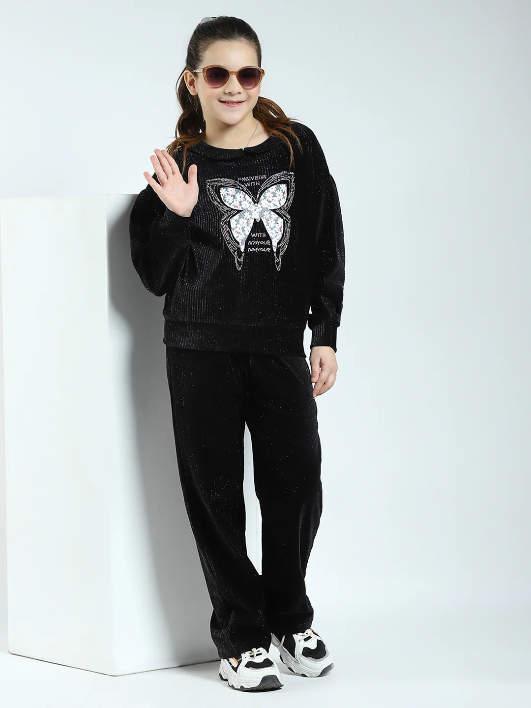 Girls Black Self Design Round Neck Full Sleeve Cords Set - Image 2
