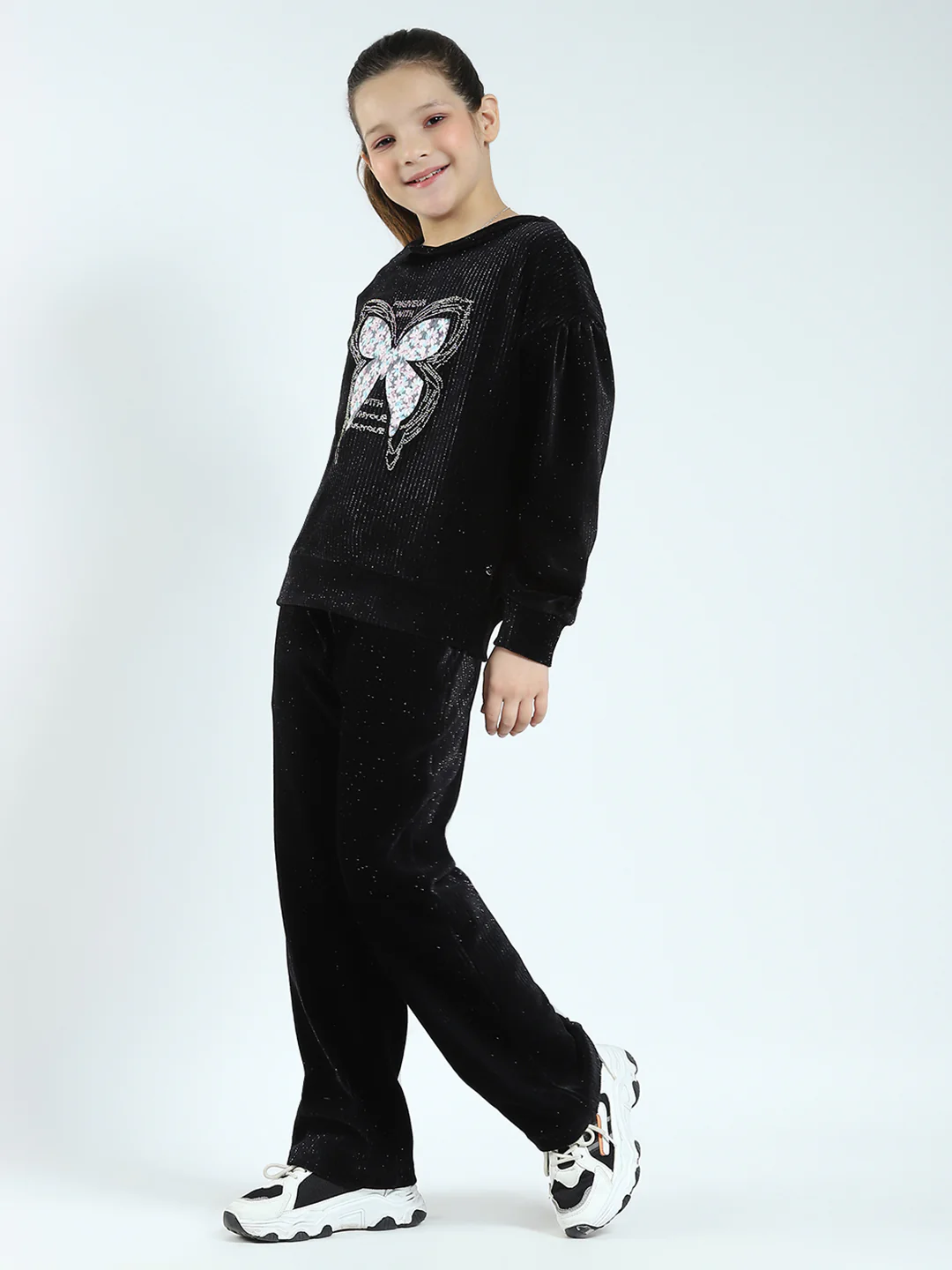 Girls Black Self Design Round Neck Full Sleeve Cords Set - Image 3