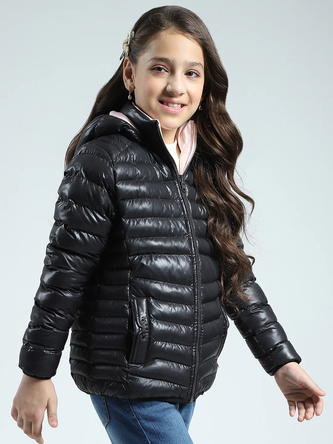Girls Black Solid Hooded Full Sleeve Reversible Jacket - Image 4