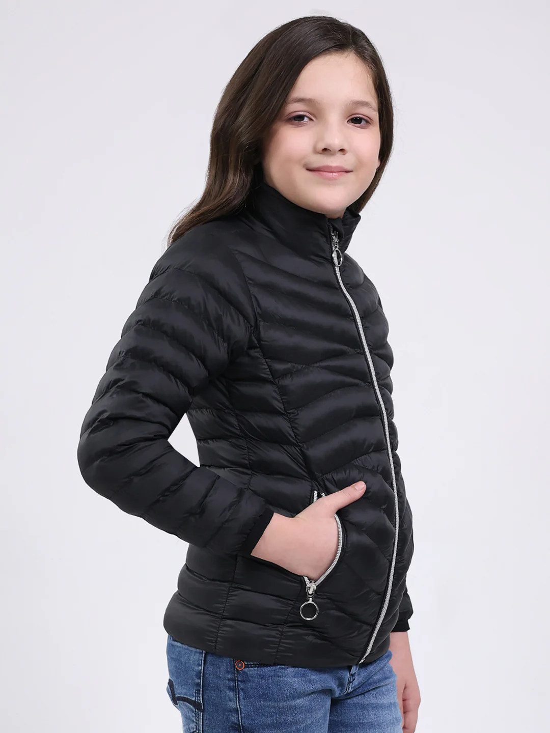 Girls Black Solid Mock Neck Full Sleeve Jacket - Image 4