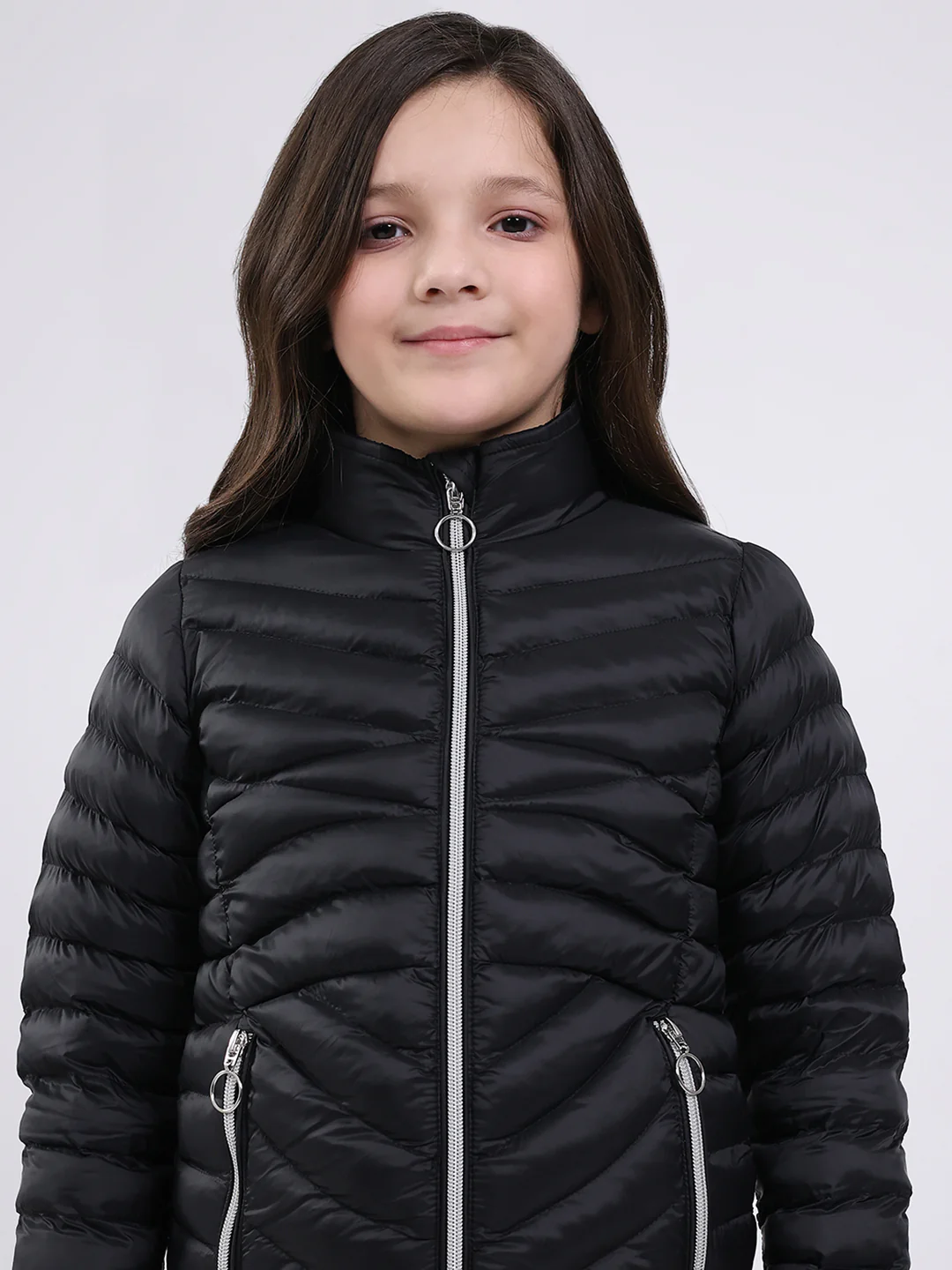 Girls Black Solid Mock Neck Full Sleeve Jacket - Image 6