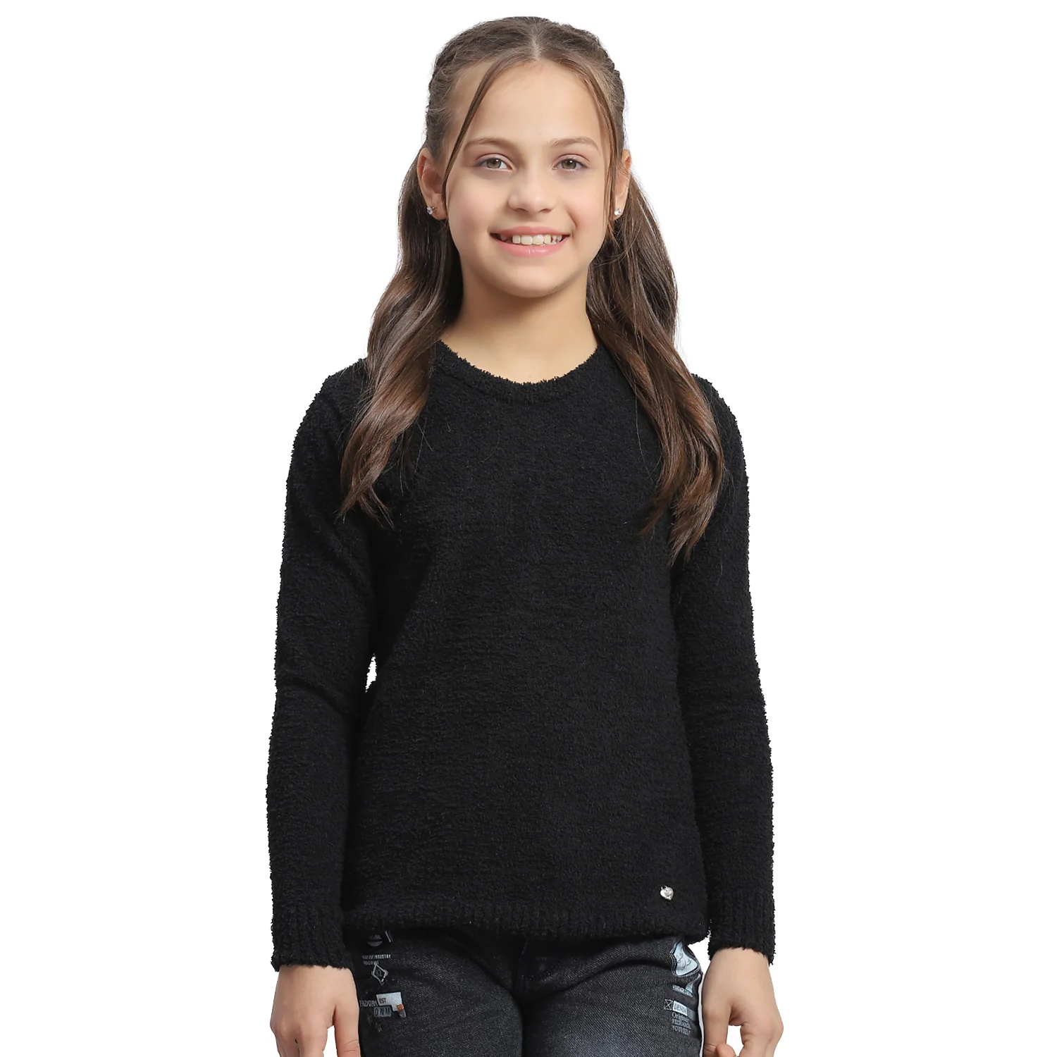 Girls Black Solid Round Neck Full Sleeve Sweater - Image 5