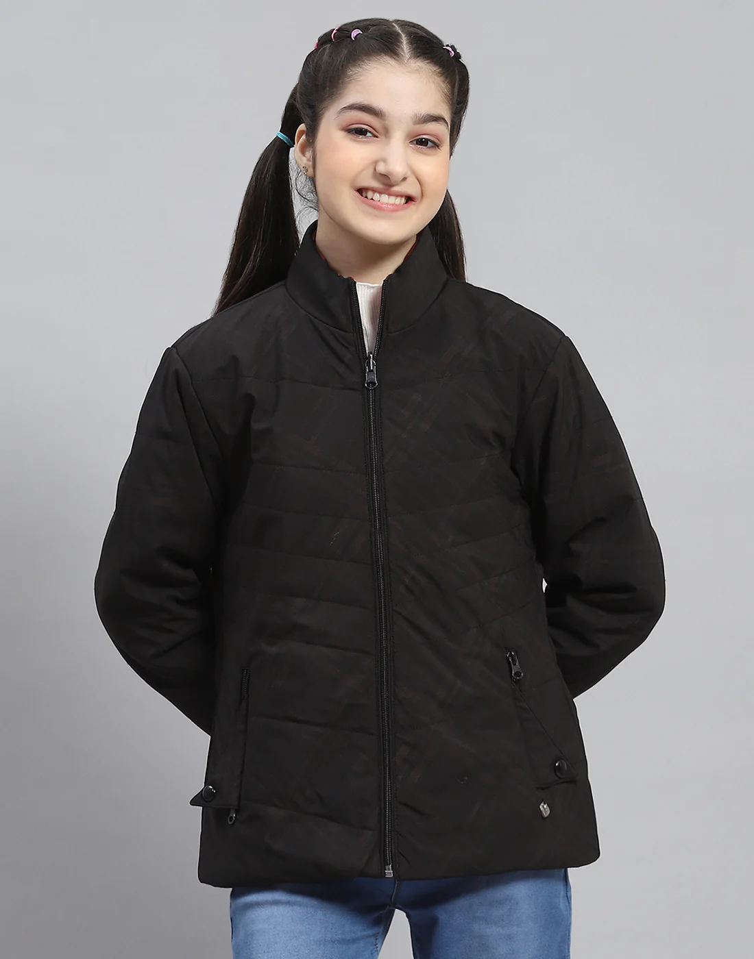 Girls Black Solid Stand Collar Full Sleeve Reversible Jacket - Image 2