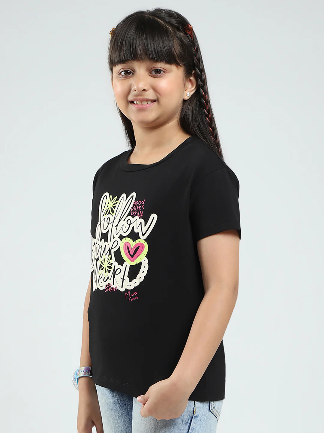 Girls Blue & Black Printed Round Neck Half Sleeve Top 2Pc Set - Image 4