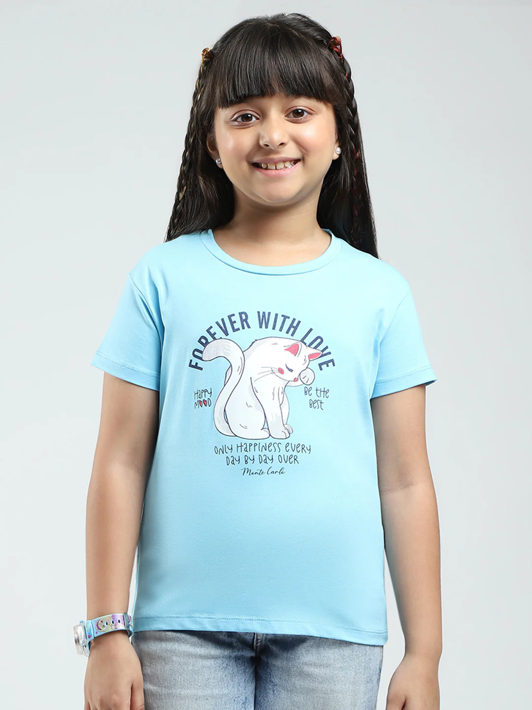 Girls Blue & Black Printed Round Neck Half Sleeve Top 2Pc Set - Image 7