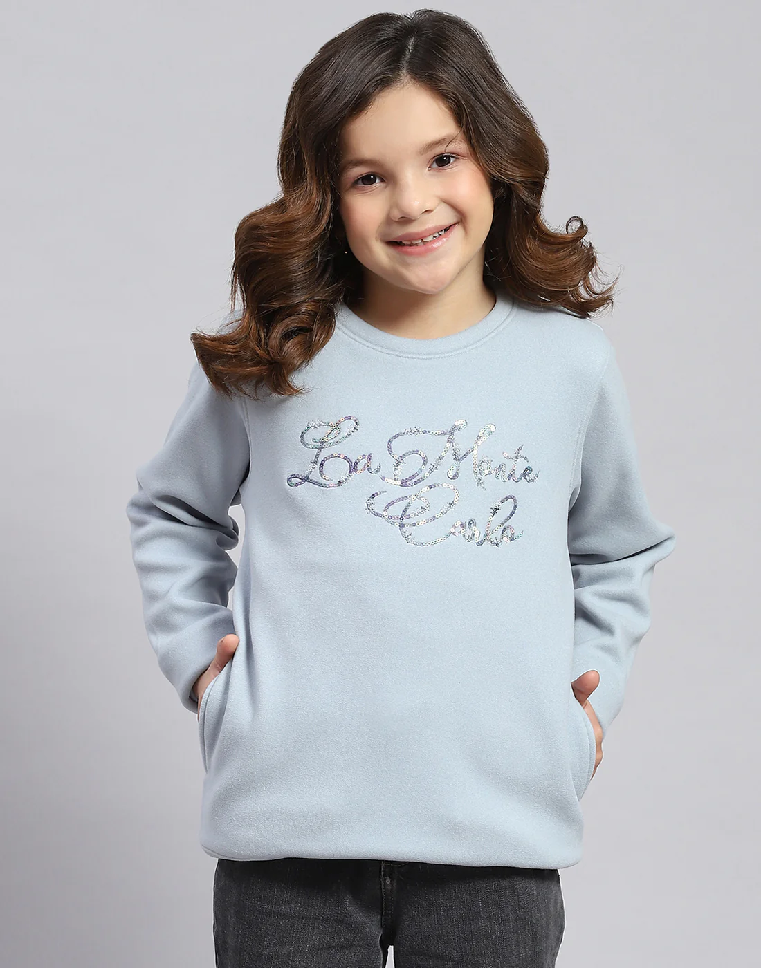 Girls Blue Embroidered Round Neck Full Sleeve Sweatshirt - Image 2