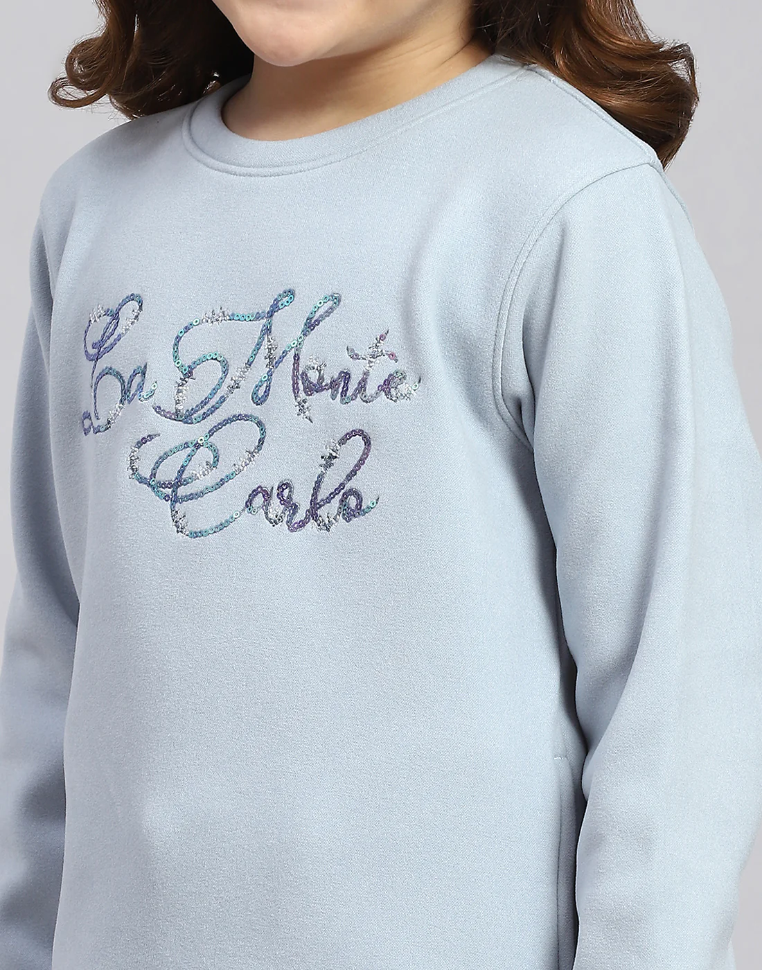 Girls Blue Embroidered Round Neck Full Sleeve Sweatshirt - Image 7