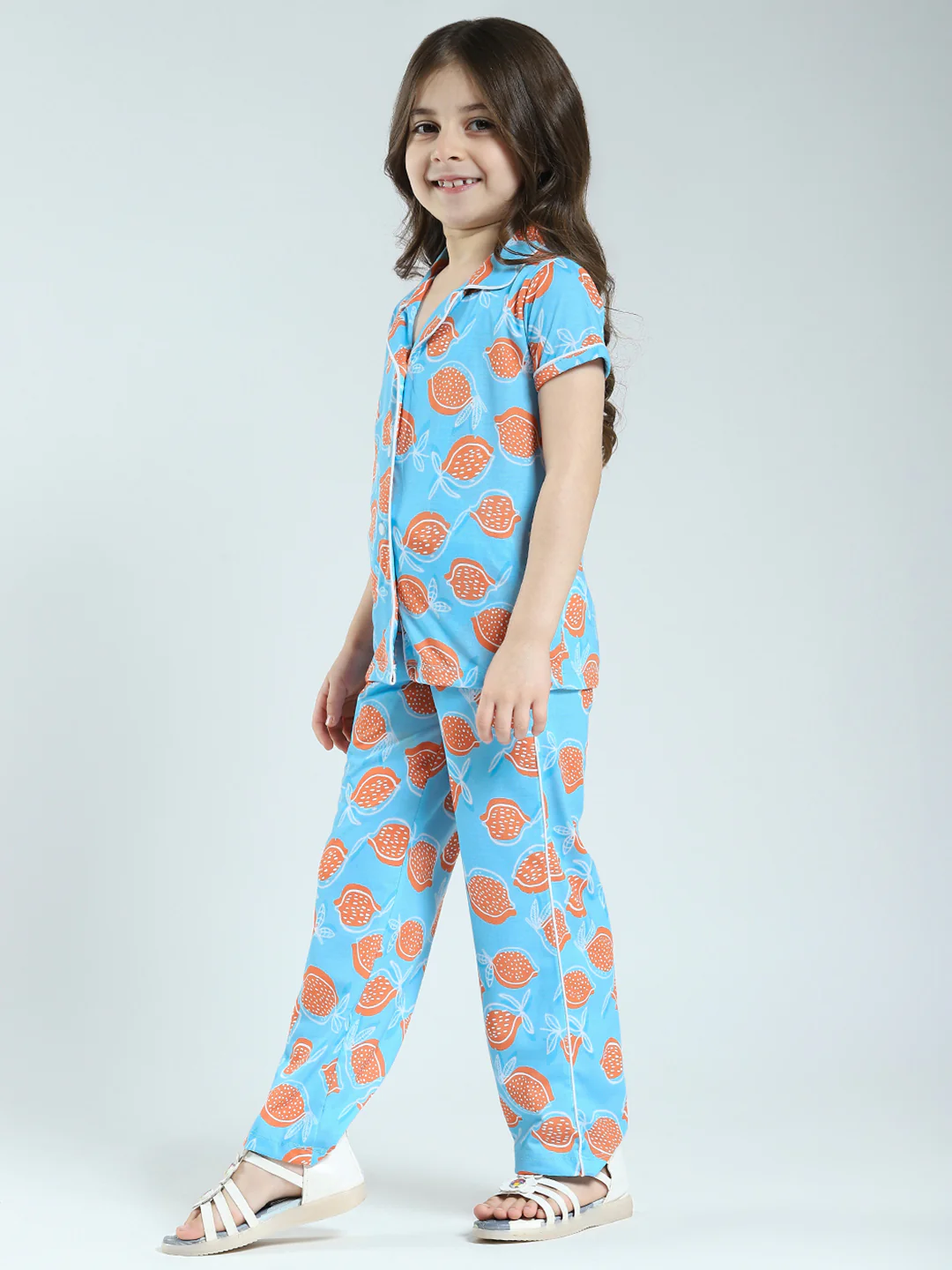 Girls Blue Printed Collar Half Sleeve Lower Set - Image 3