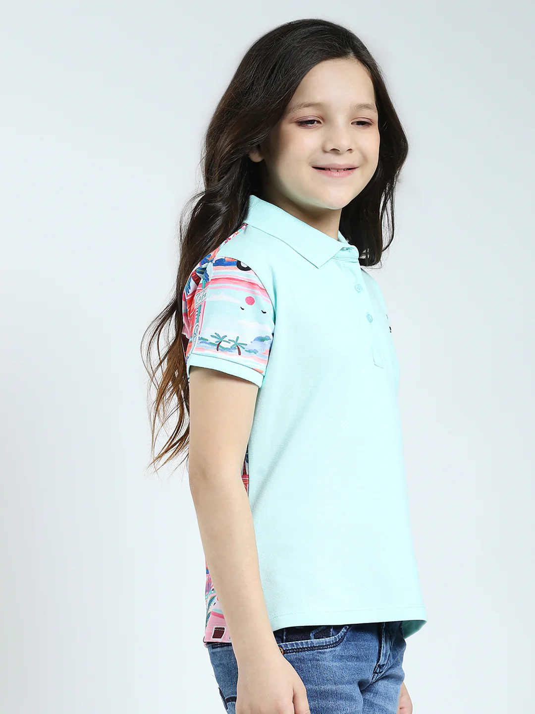 Girls Blue Printed Collar Half Sleeve T-Shirt - Image 4