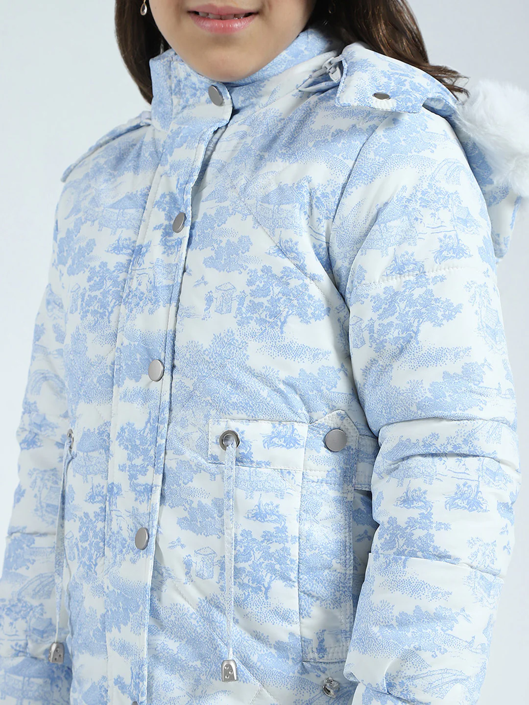 Girls Blue Printed Detachable Hood Full Sleeve Jacket - Image 6