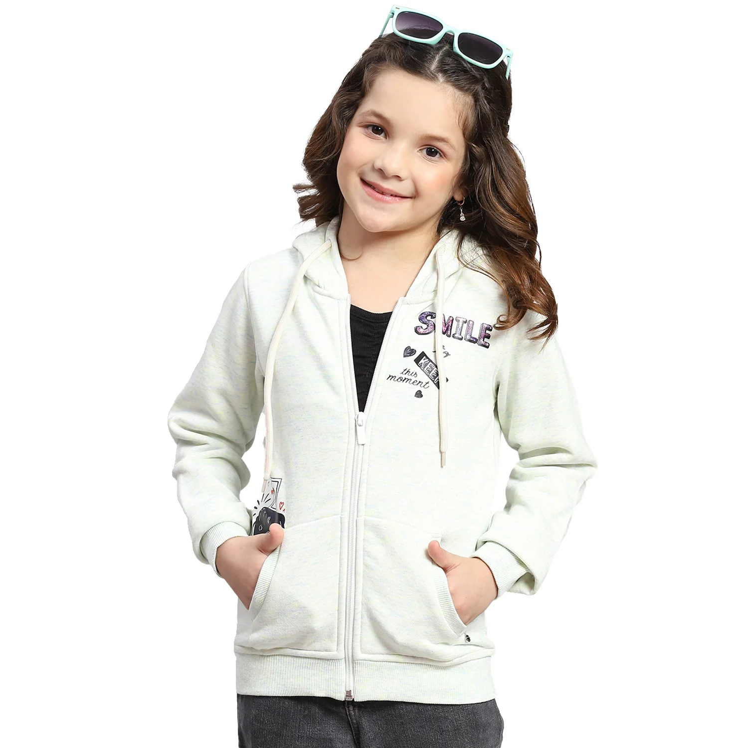 Girls Blue Printed Hooded Full Sleeve Sweatshirt - Image 5