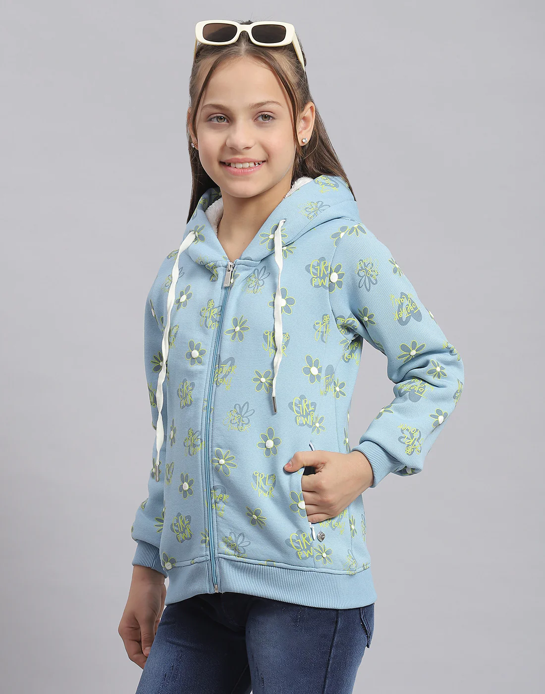 Girls Blue Printed Hooded Full Sleeve Sweatshirt - Image 3
