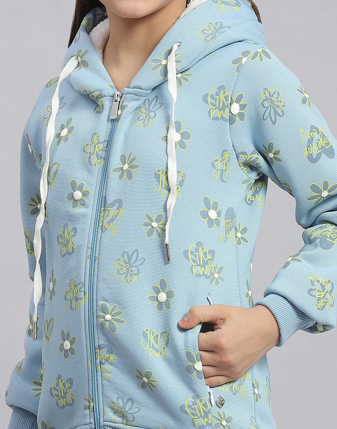 Girls Blue Printed Hooded Full Sleeve Sweatshirt - Image 7