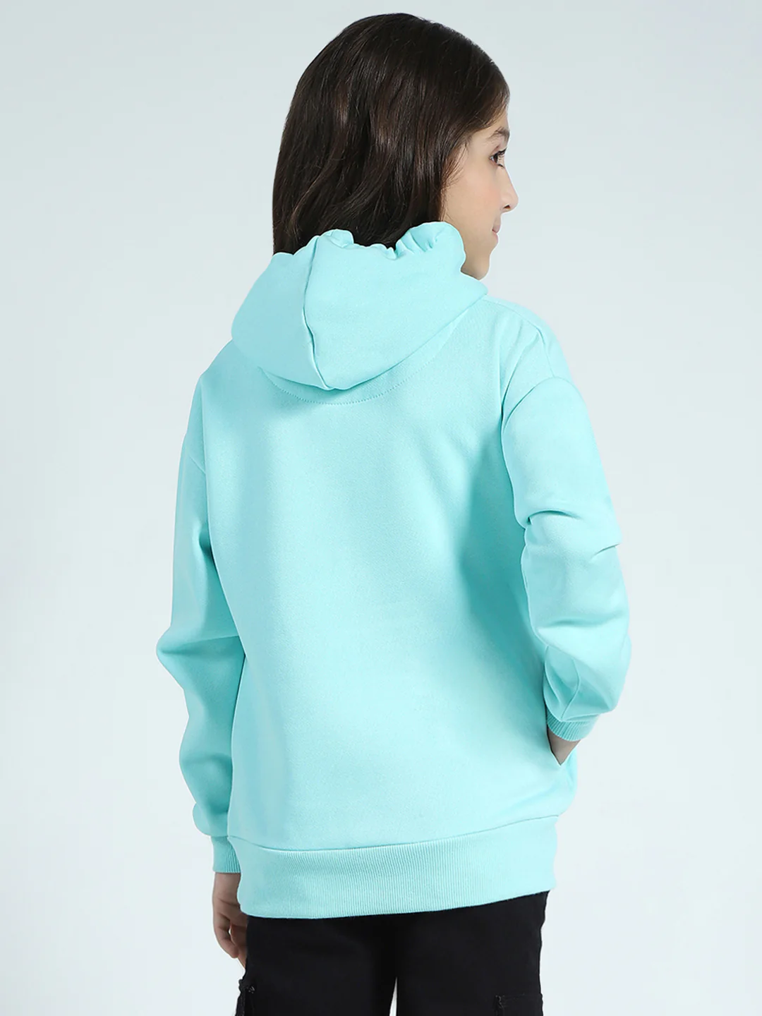 Girls Blue Printed Hooded Full Sleeve Sweatshirt - Image 5