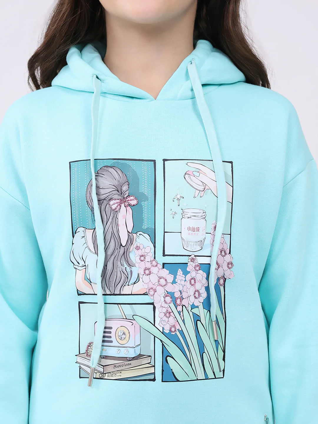 Girls Blue Printed Hooded Full Sleeve Sweatshirt - Image 7