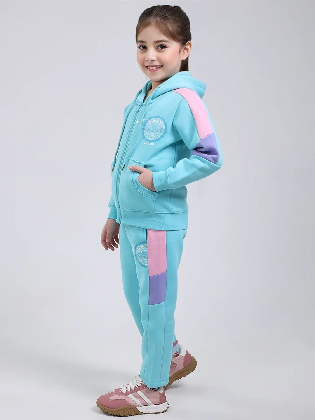 Girls Blue Printed Hooded Full Sleeve Tracksuit - Image 3