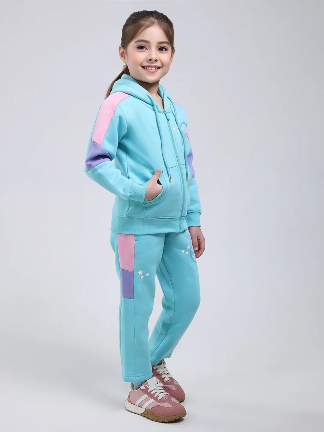 Girls Blue Printed Hooded Full Sleeve Tracksuit - Image 4