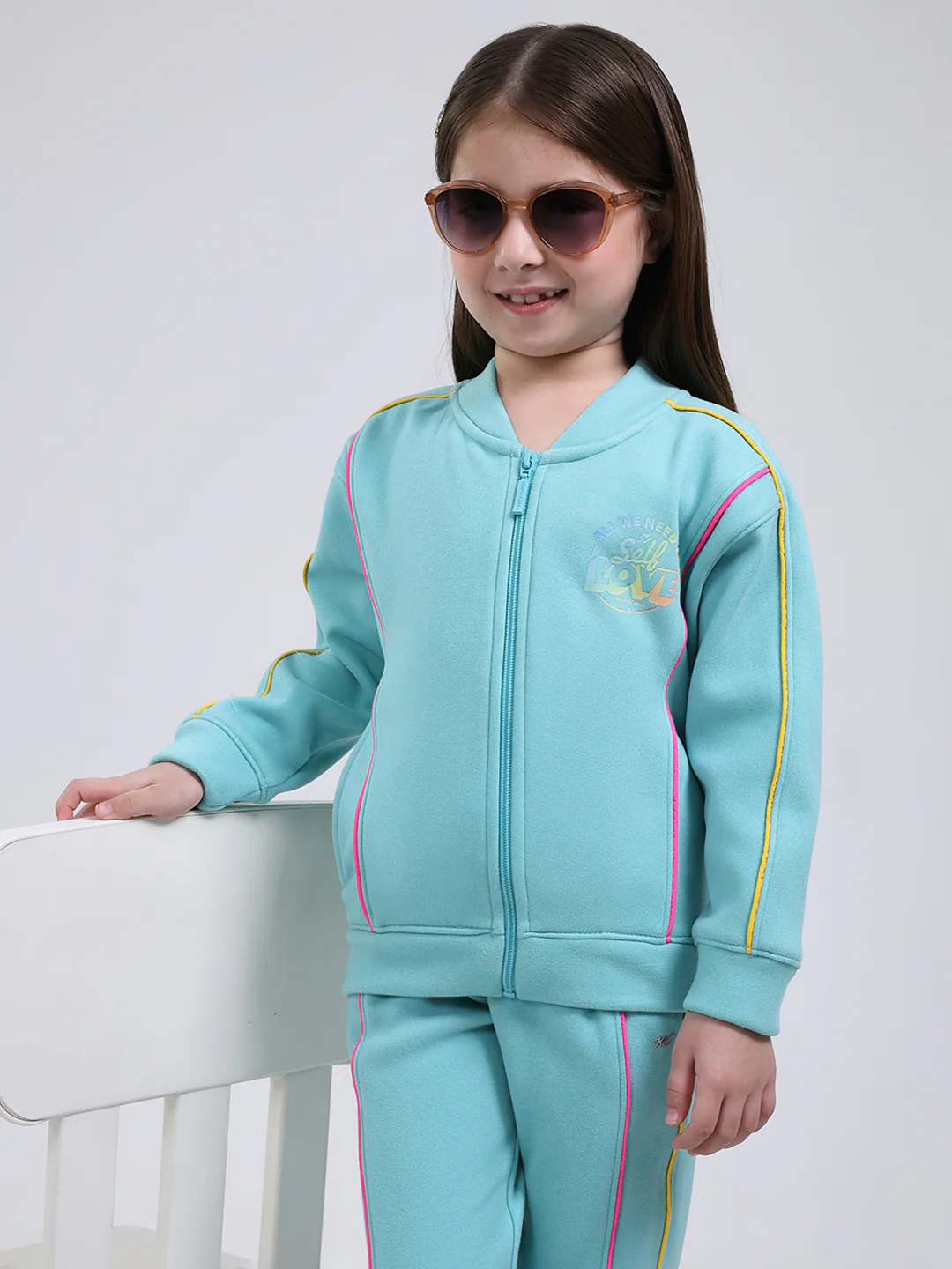 Girls Blue Printed Mock Neck Full Sleeve Tracksuit - Image 6