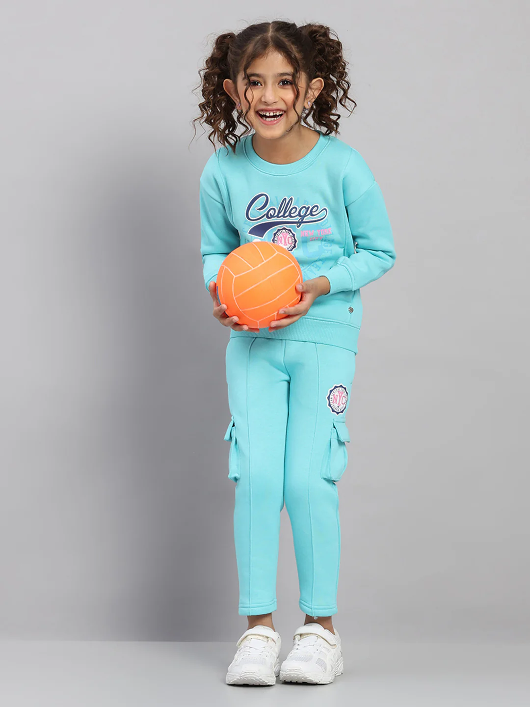 Girls Blue Printed Round Neck Full Sleeve Tracksuit - Image 2
