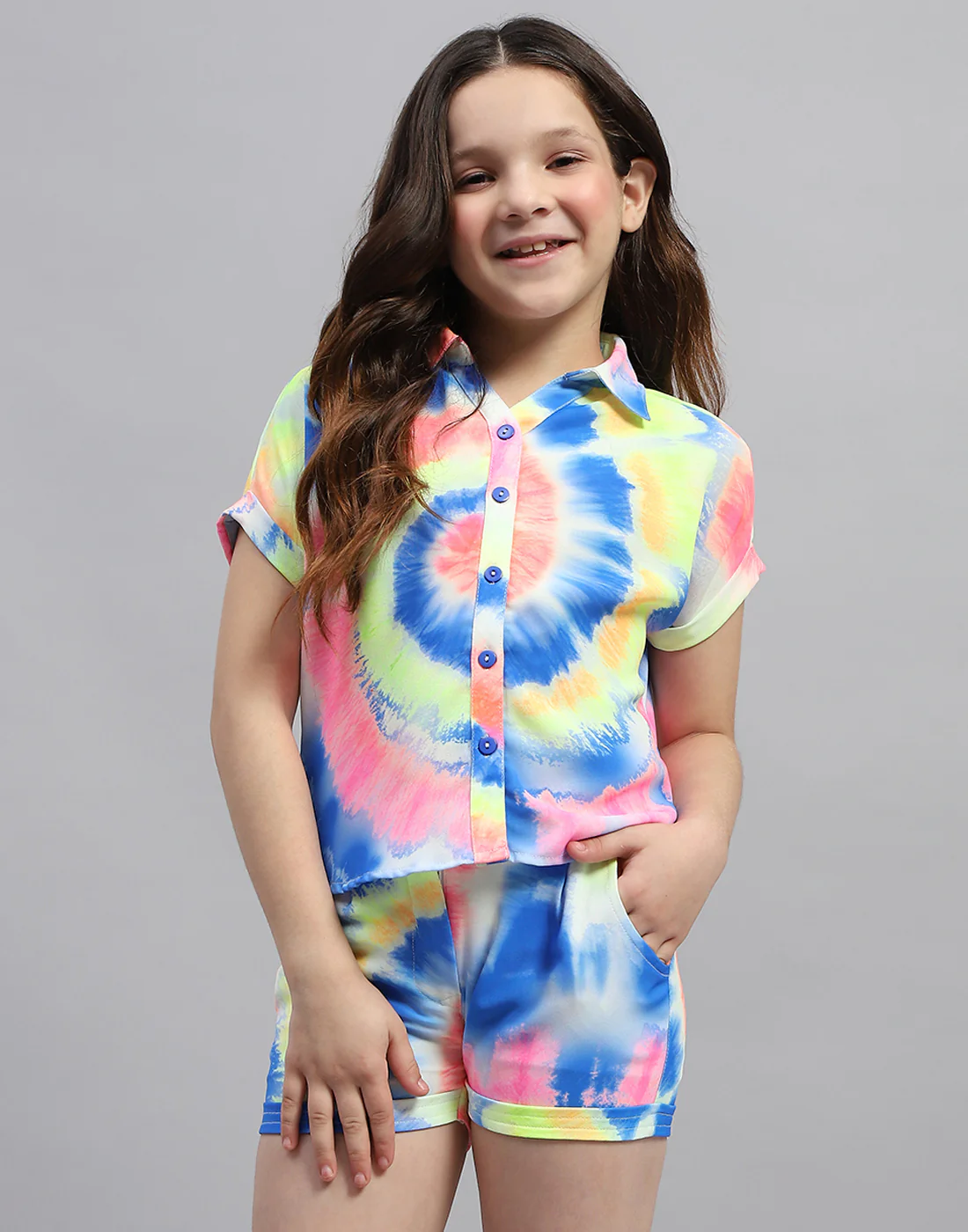 Girls Blue Printed Round Neck Half Sleeve Cords Set - Image 2