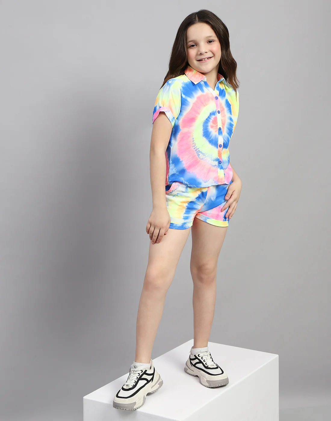 Girls Blue Printed Round Neck Half Sleeve Cords Set - Image 6