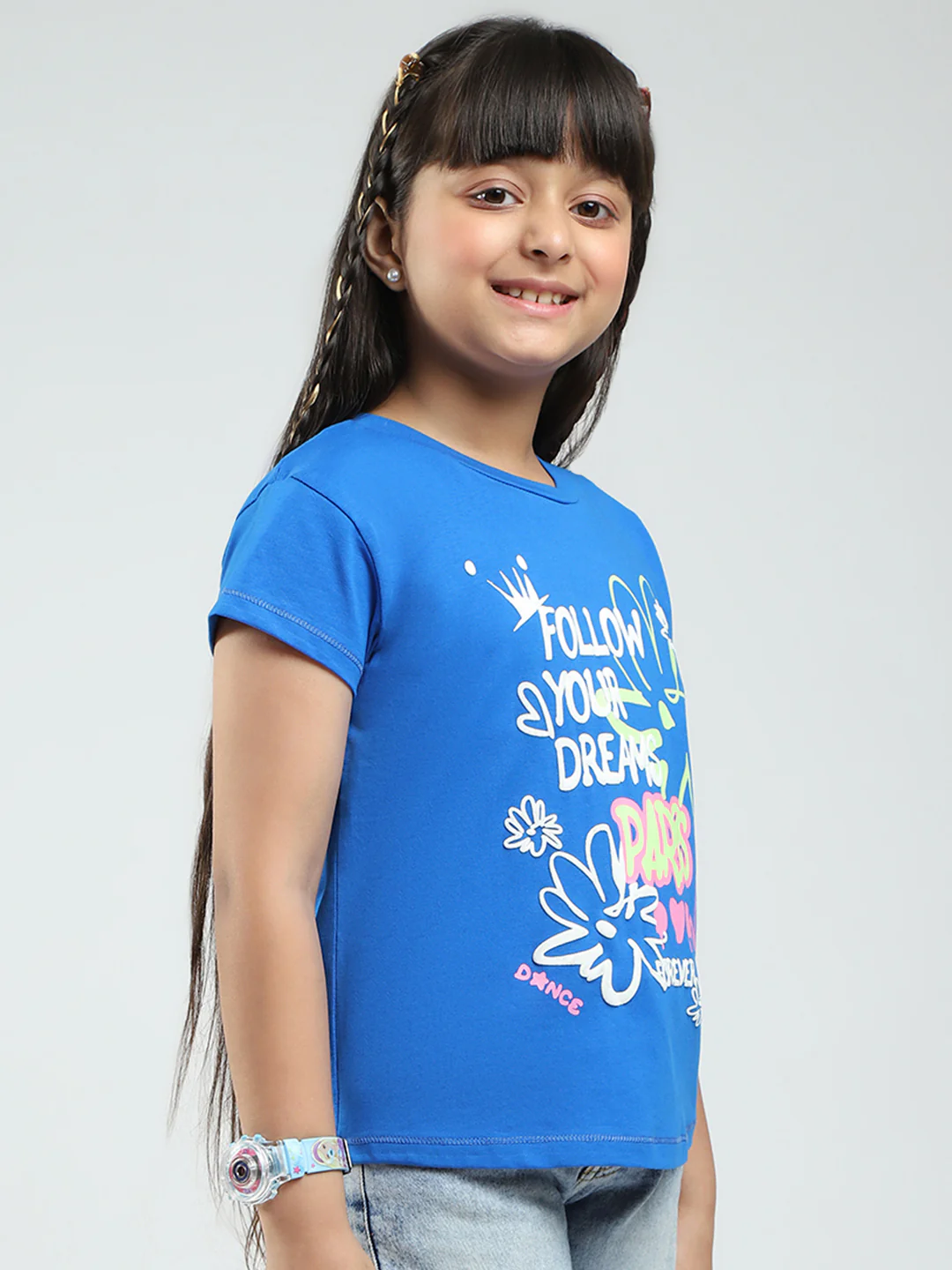 Girls Blue Printed Round Neck Half Sleeve Top - Image 4