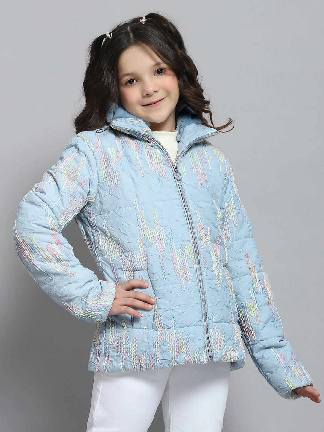 Girls Blue Self Design Collar Full Sleeve Jacket - Image 4