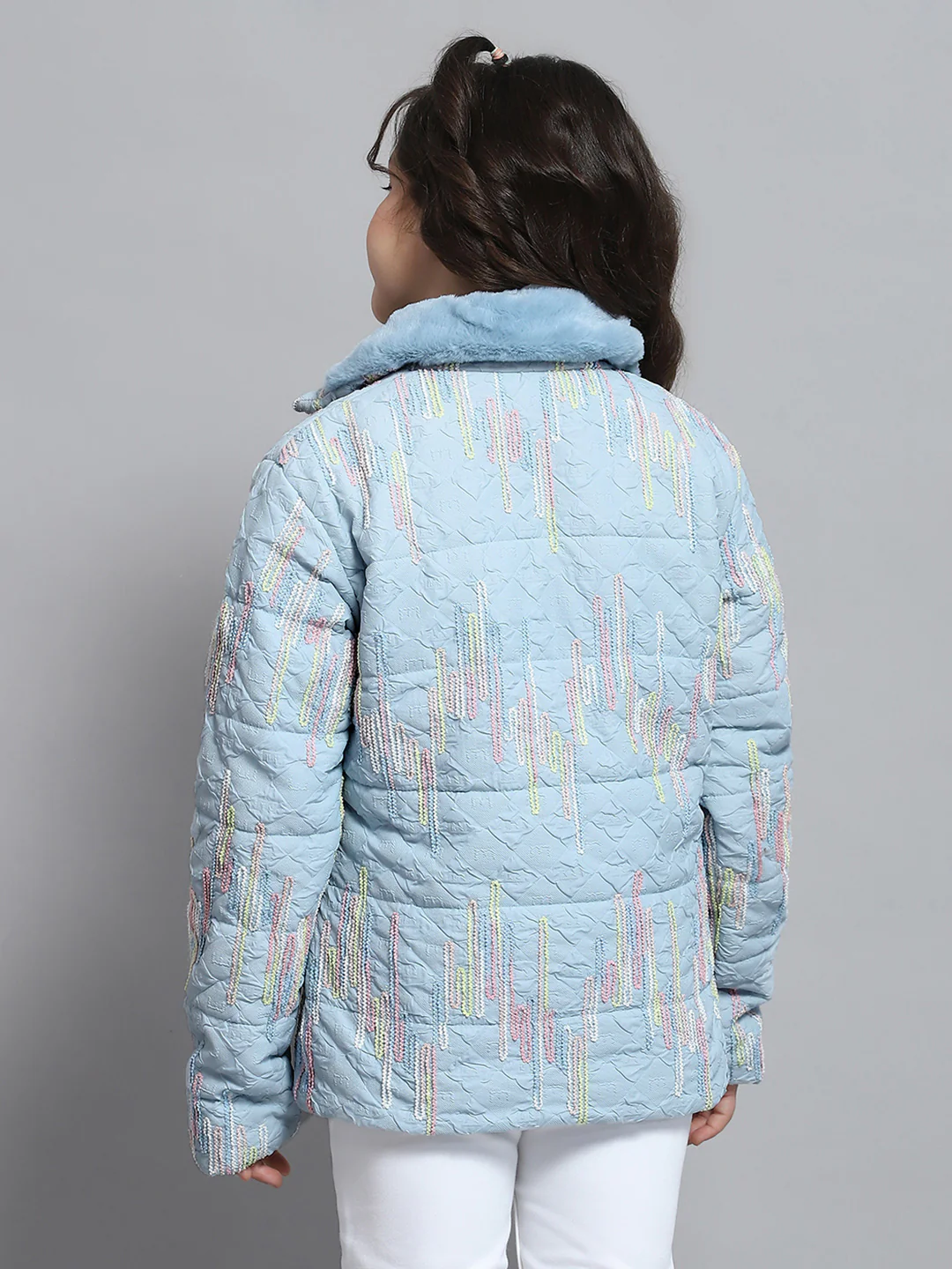 Girls Blue Self Design Collar Full Sleeve Jacket - Image 5