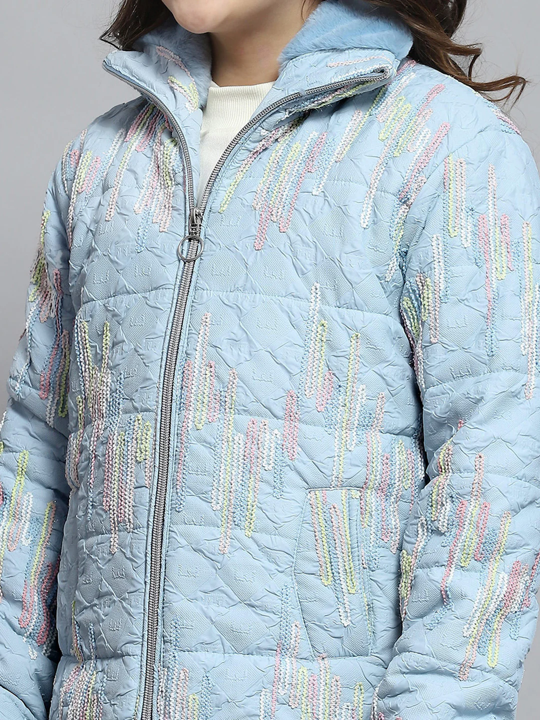 Girls Blue Self Design Collar Full Sleeve Jacket - Image 7
