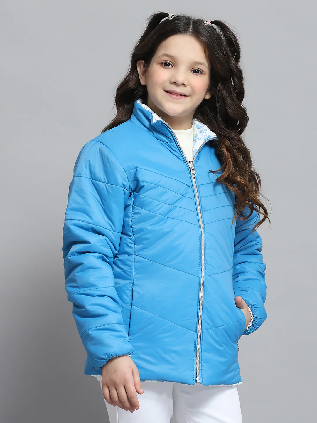 Girls Blue Self Design Collar Full Sleeve Reversible Jacket - Image 4