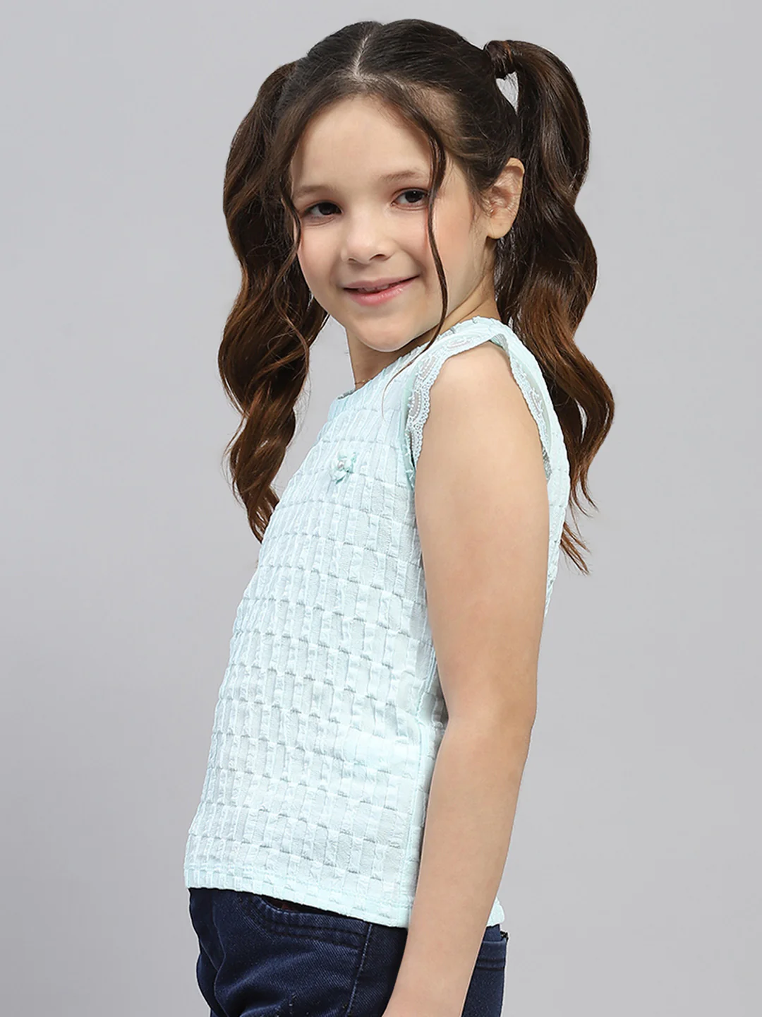 Girls Blue Self Design Round Neck Sleeveless Top - Image 3