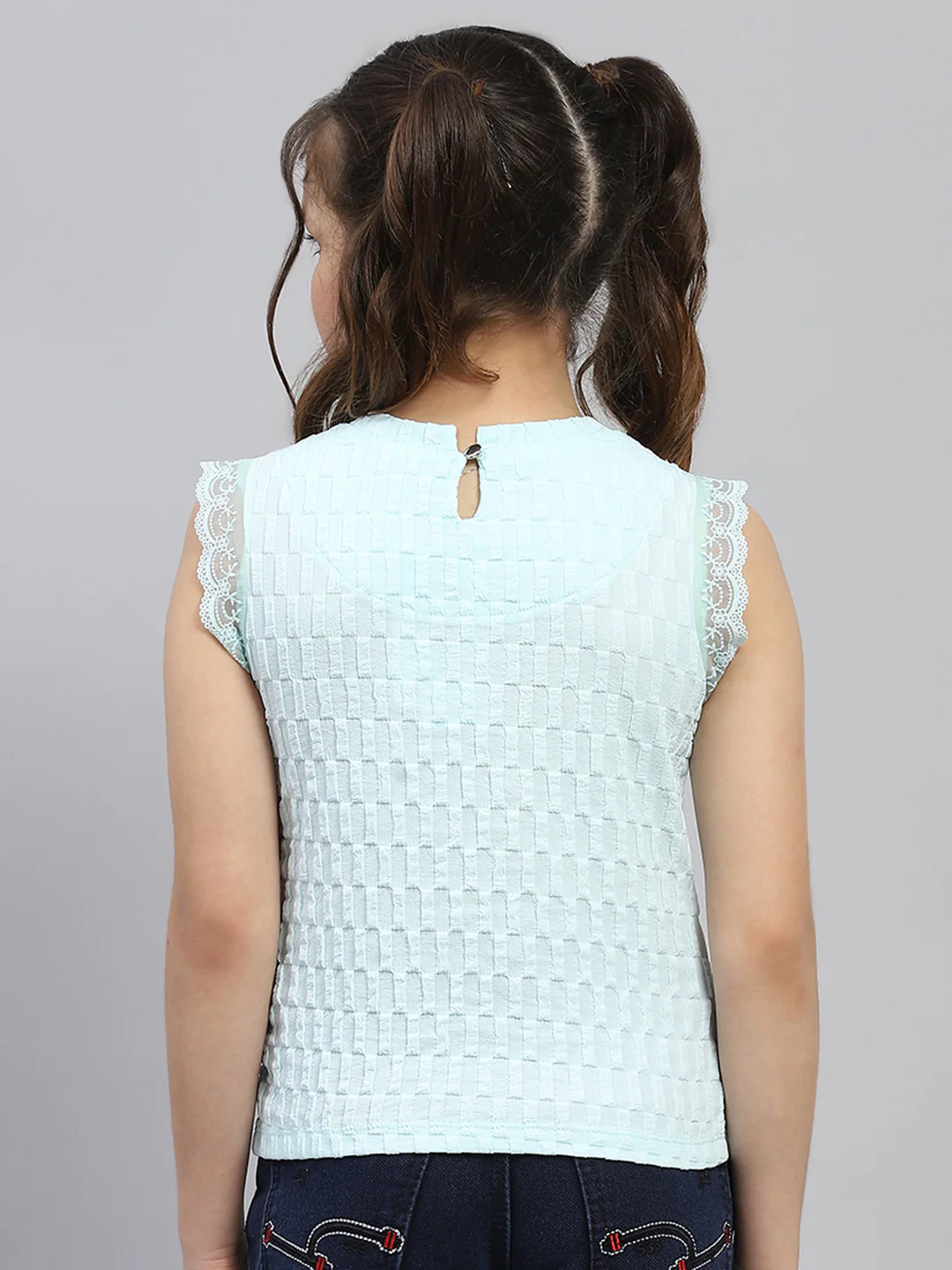 Girls Blue Self Design Round Neck Sleeveless Top - Image 5