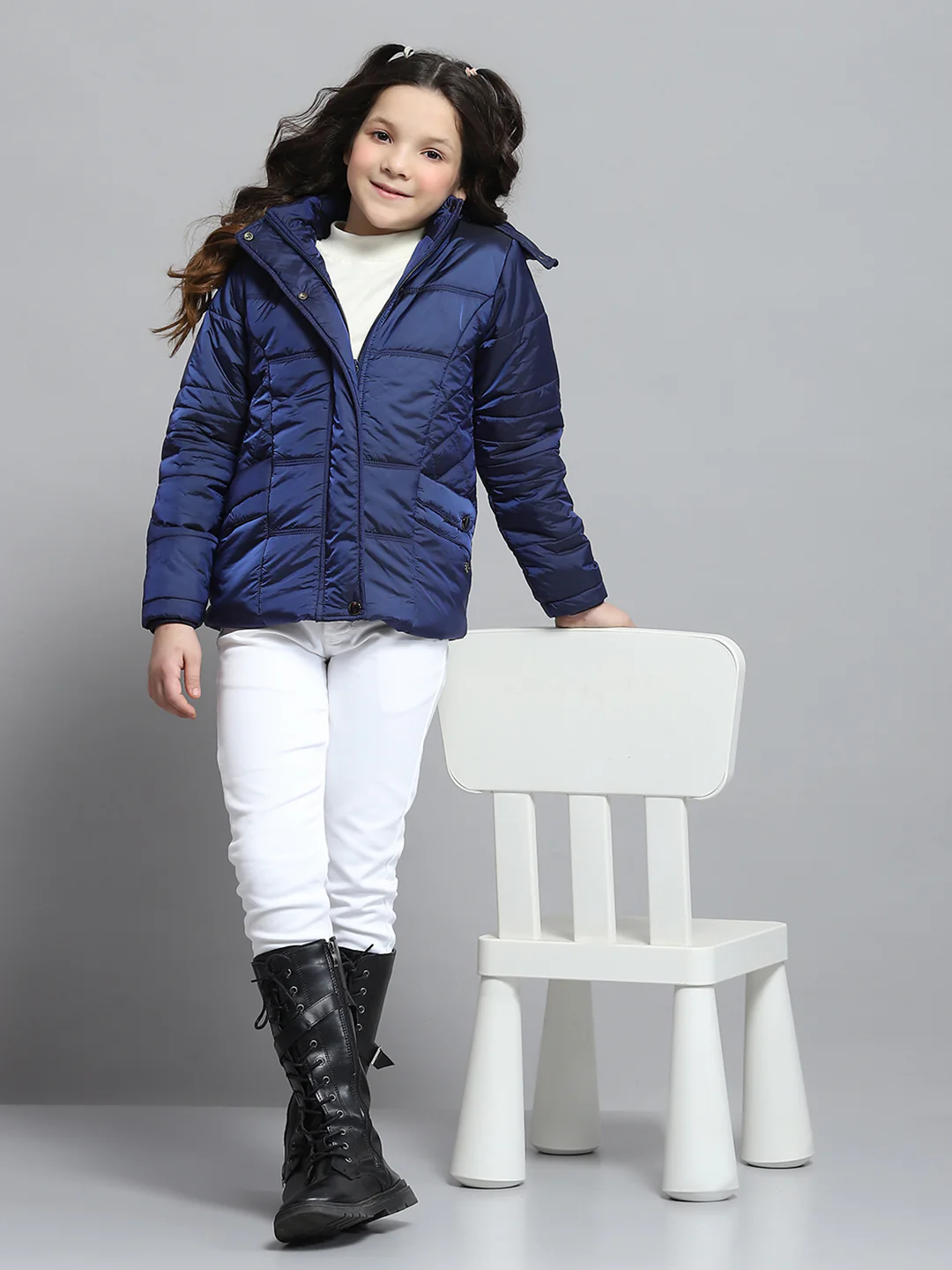 Girls Blue Solid Hooded Full Sleeve Jacket - Image 2