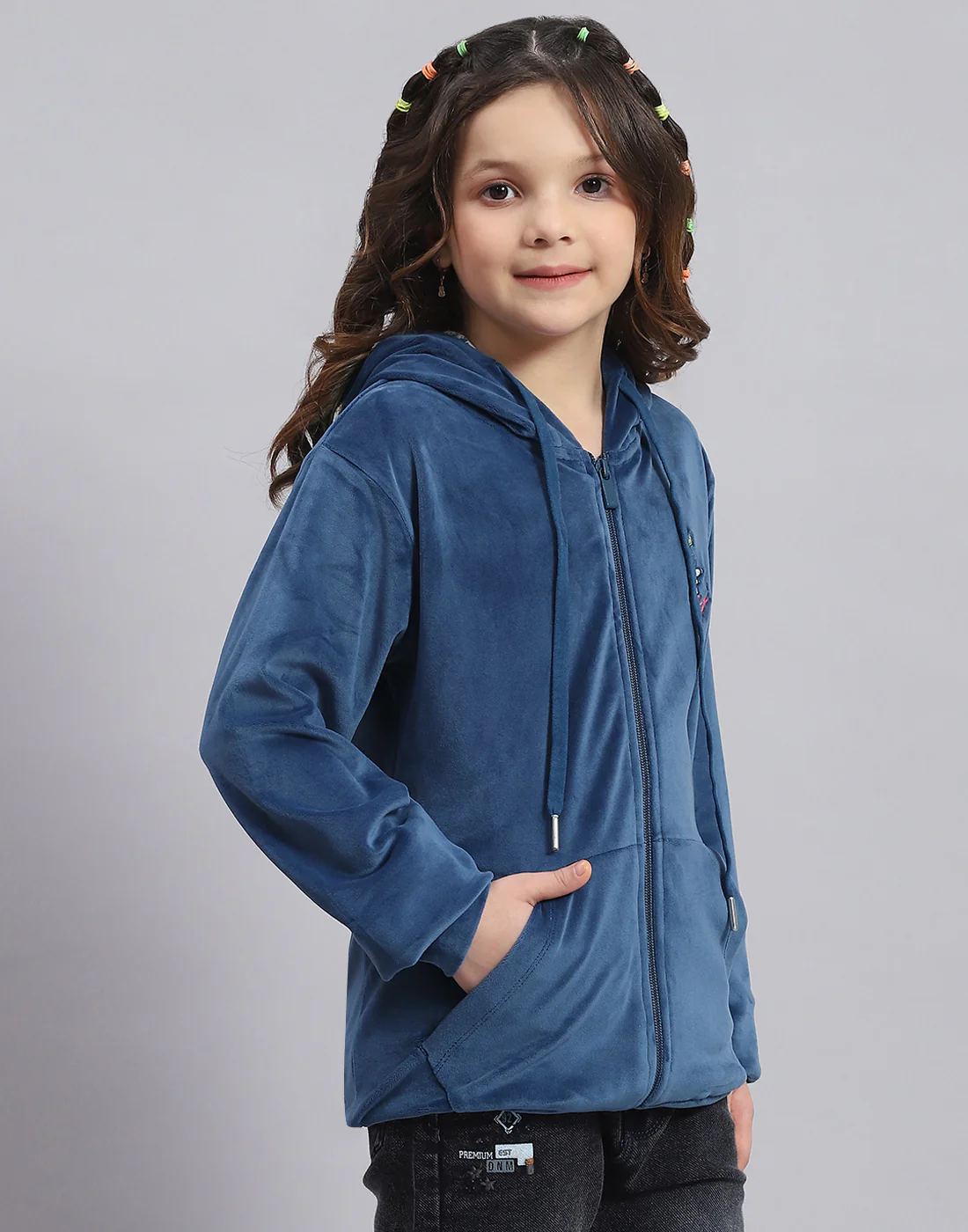 Girls Blue Solid Hooded Full Sleeve Sweatshirt - Image 4