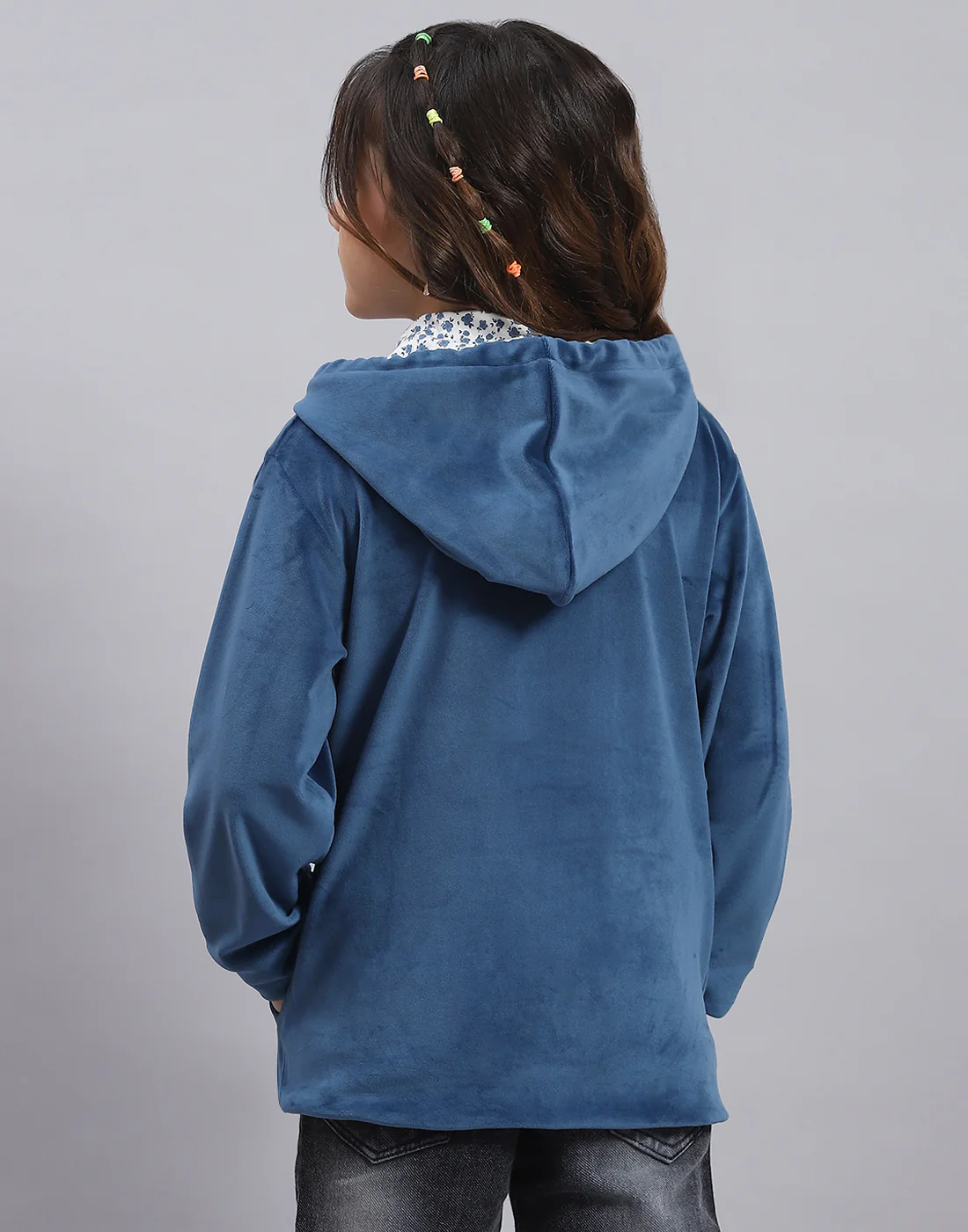 Girls Blue Solid Hooded Full Sleeve Sweatshirt - Image 5