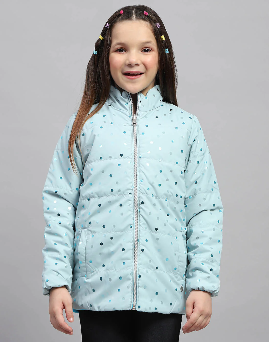 Girls Blue Solid Mock Neck Full Sleeve Jacket - Image 2