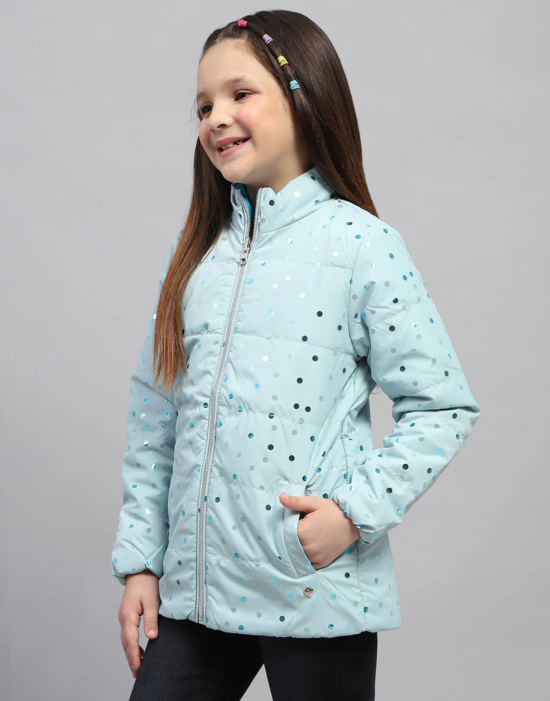 Girls Blue Solid Mock Neck Full Sleeve Jacket - Image 3