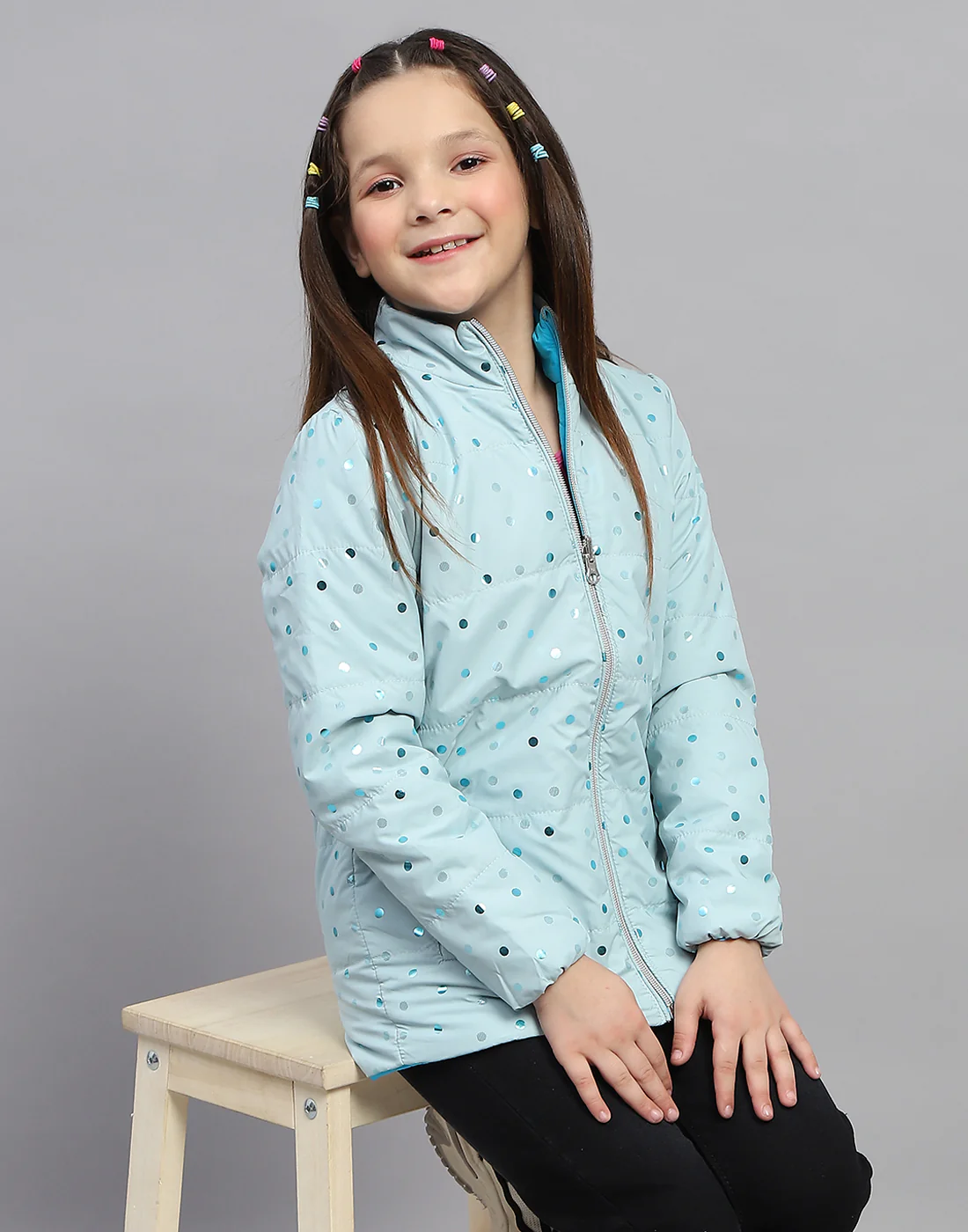 Girls Blue Solid Mock Neck Full Sleeve Jacket - Image 6