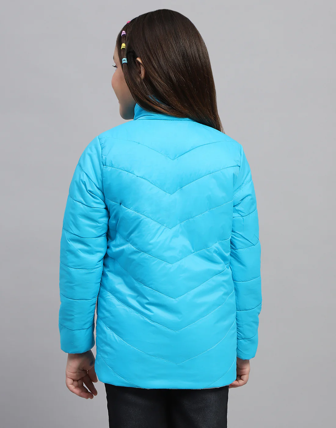 Girls Blue Solid Mock Neck Full Sleeve Jacket - Image 9