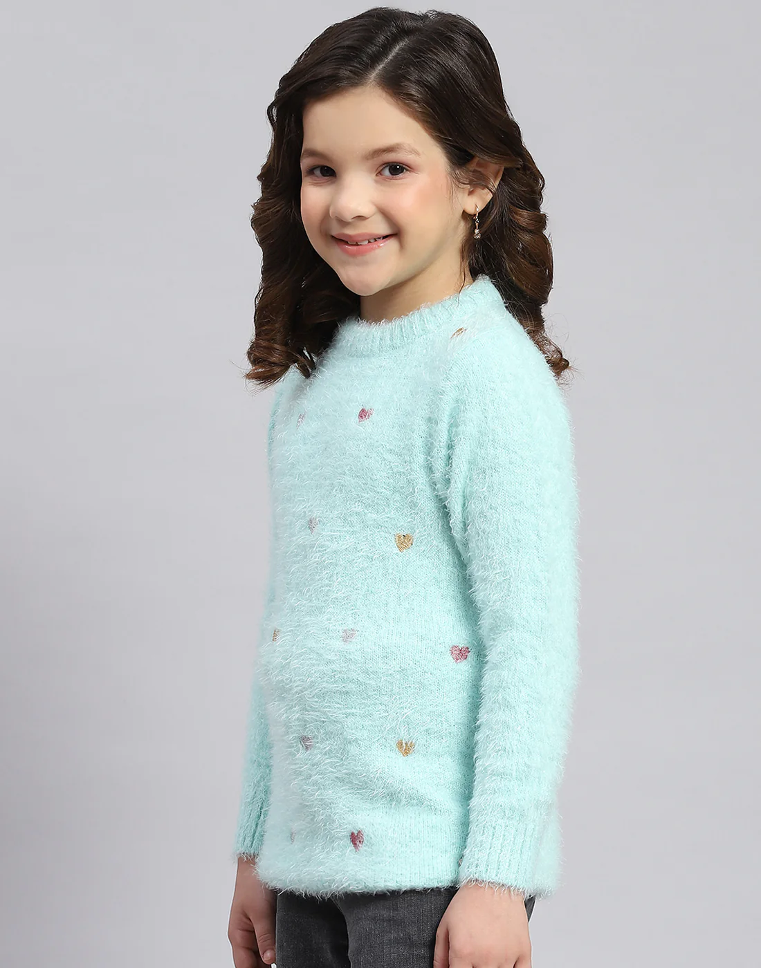 Girls Blue Solid Round Neck Full Sleeve Sweatshirt - Image 3