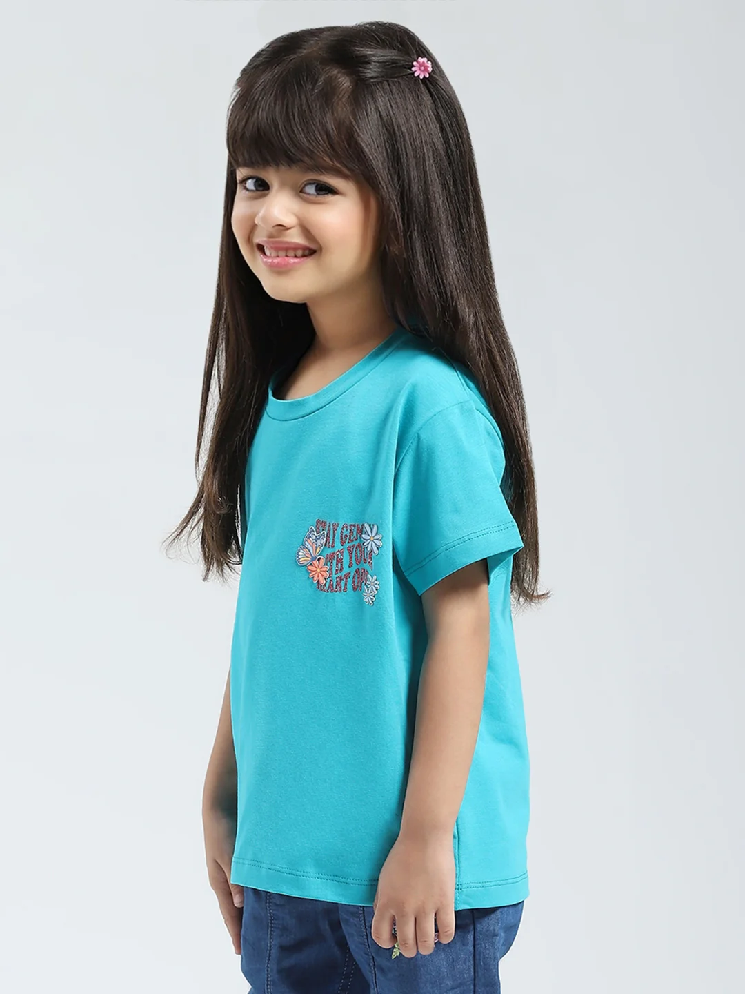 Girls Blue Solid Round Neck Half Sleeve Top - Image 3